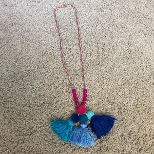 FUN Pink & Blue Pom Pom Long Yarn Necklace
